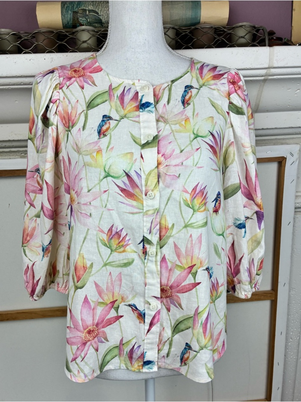 H&M NWOT Bird& Flower Delicate print, full sleeves Linen Blend